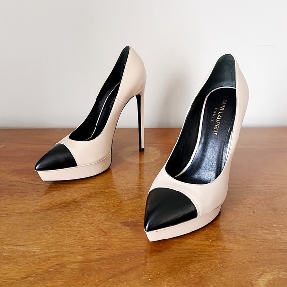 SAINT LAURENT • Janis 105 Cap-Toe Platform Pump two tone beige nude black heels - Picture 14 of 14